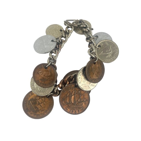 Vintage 1950s Coin Charm Bracelet Featuring Global Coins - Picture 2 of 10